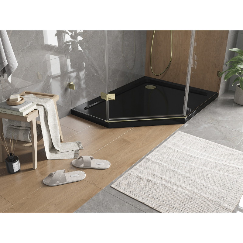 Mexen Flat Fünfeckige Slim-Duschwanne rechts 90 x 80 cm, schwarz, goldener Siphon - 41P708090R-G