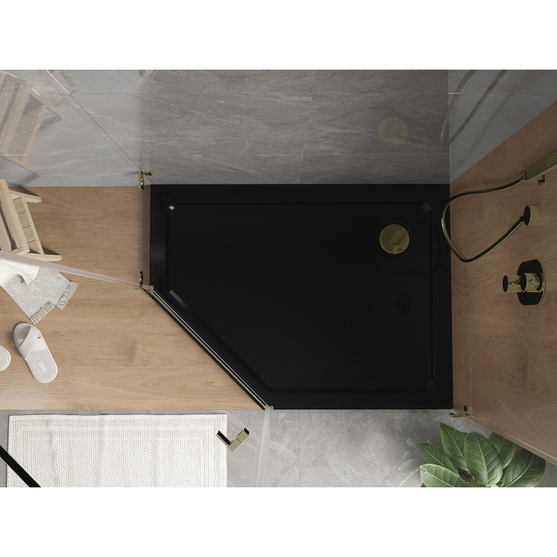 Mexen Flat Fünfeckige Slim-Duschwanne rechts 90 x 80 cm, schwarz, goldener Siphon - 41P708090R-G