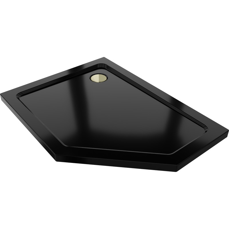 Mexen Flat Fünfeckige Duschwanne Slim Links 100 x 80 cm, schwarz, goldener Siphon - 41P708010L-G