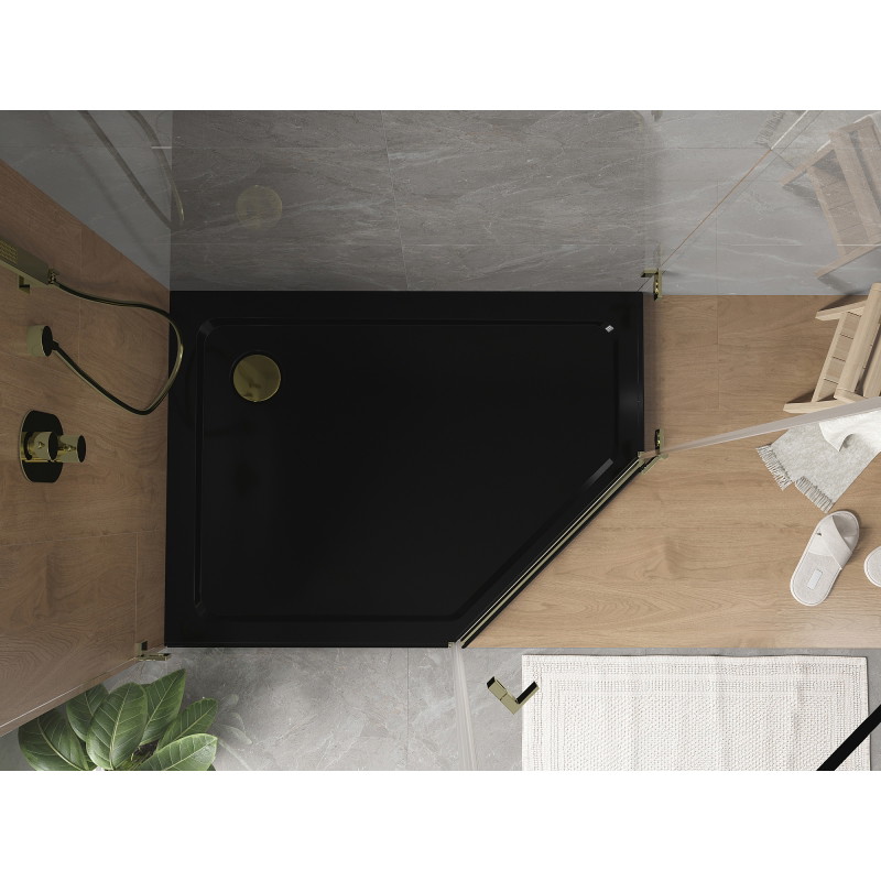 Mexen Flat Fünfeckige Duschwanne Slim Links 100 x 80 cm, schwarz, goldener Siphon - 41P708010L-G