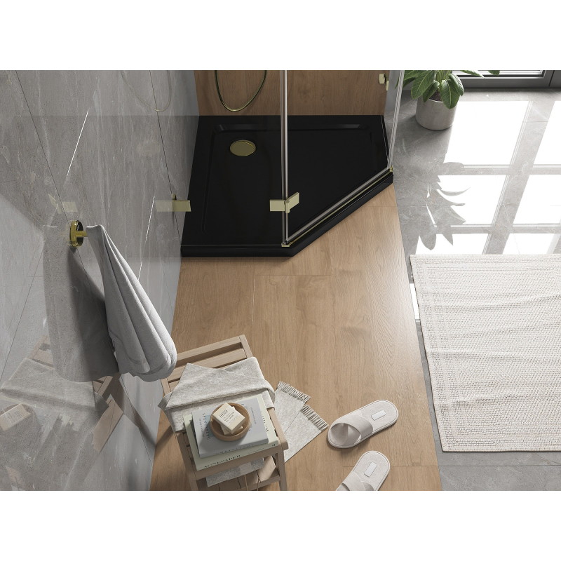 Mexen Flat fünfeckige Duschwanne Slim 90 x 90 cm, schwarz, Siphon gold - 41P709090-G