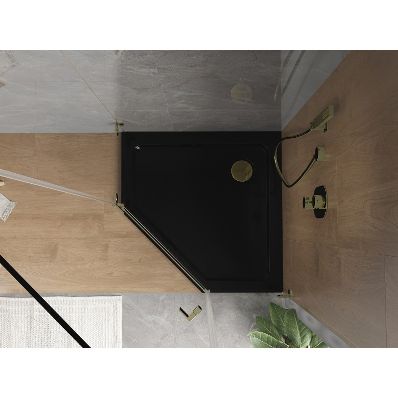 Mexen Flat fünfeckige Duschwanne Slim 90 x 90 cm, schwarz, Siphon gold - 41P709090-G