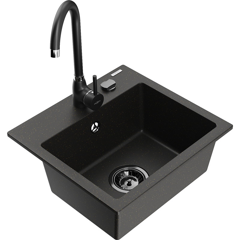 Mexen Milo Granitspüle 1-Becken mit Küchenarmatur Telma, schwarz/gold - 6505-75-670200-70-B