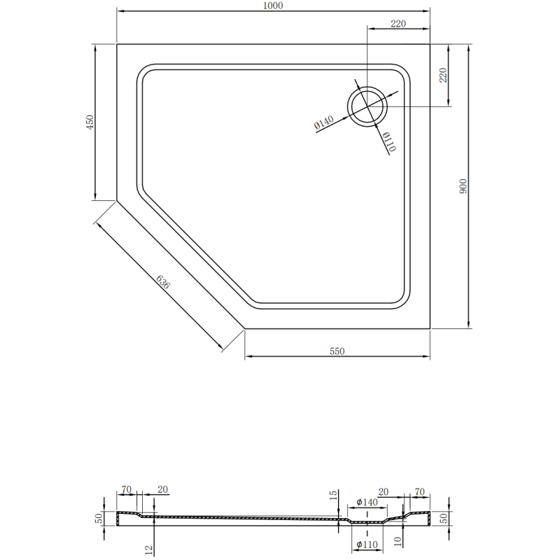 Mexen Flat Fünfeck-Duschwanne Slim rechts 100 x 90 cm, schwarz, goldener Siphon - 41P709010R-G