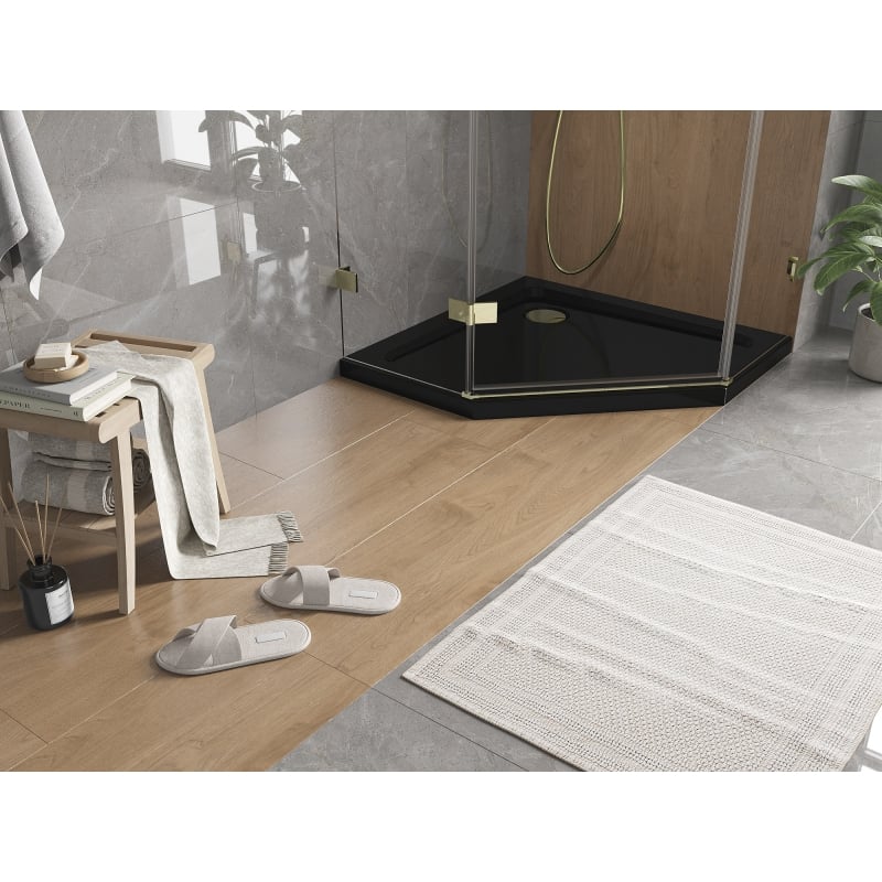 Mexen Flat pentagonale Duschwanne Slim 100 x 100 cm, schwarz, goldener Siphon - 41P701010-G