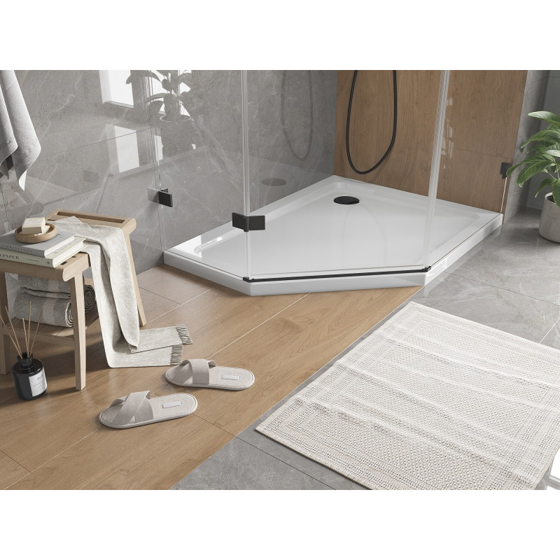 Mexen Flat Slim Fünfeck-Duschwanne rechts 100 x 80 cm, weiß, Siphon schwarz - 41P108010R-B