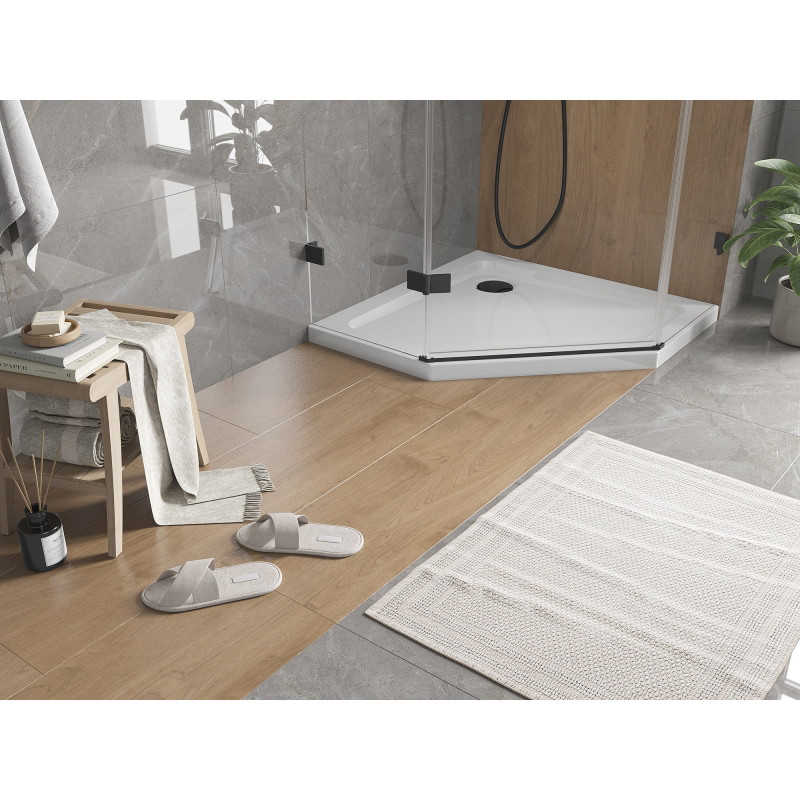 Mexen Flat fünfeckige Duschwanne slim 90 x 90 cm, weiß, schwarze Ablass - 41P109090-B