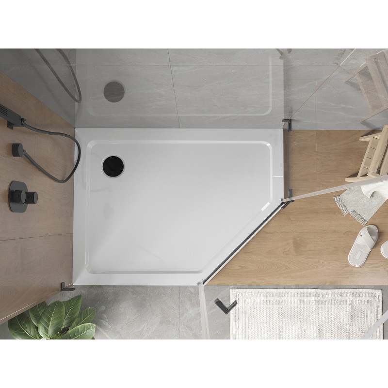 Mexen Flat Fünfeckige Slim-Duschwanne links 100 x 90 cm, weiß, schwarzer Siphon - 41P109010L-B