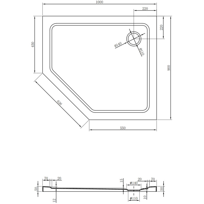 Mexen Flat Fünfeckige Duschwanne Slim Rechts 100 x 90 cm, weiß, schwarzer Siphon - 41P109010R-B