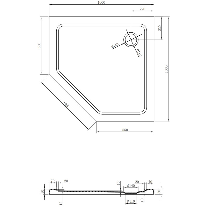 Mexen Flat Pentagonale Duschwanne Slim 100 x 100 cm, Weiß, schwarzer Siphon - 41P101010-B