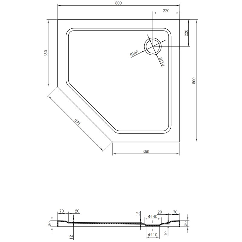 Mexen Flat Fünfeck-Duschwanne Slim 80 x 80 cm, schwarz, schwarzer Siphon - 41P708080-B