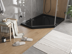 Mexen Flat Fünfeckige Duschwanne Slim rechts 90 x 80 cm, schwarz, Siphon schwarz - 41P708090R-B