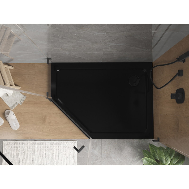 Mexen Flat Fünfeckige Duschwanne Slim rechts 90 x 80 cm, schwarz, Siphon schwarz - 41P708090R-B