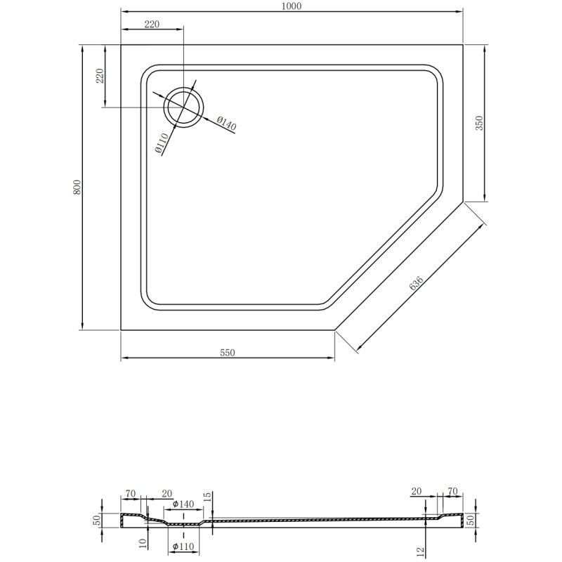 Mexen Flat Fünfeckige Duschwanne Slim Links 100 x 80 cm, schwarz, schwarzer Siphon - 41P708010L-B