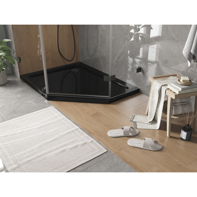 Mexen Flat Fünfeckige Duschwanne Slim Links 100 x 80 cm, schwarz, schwarzer Siphon - 41P708010L-B