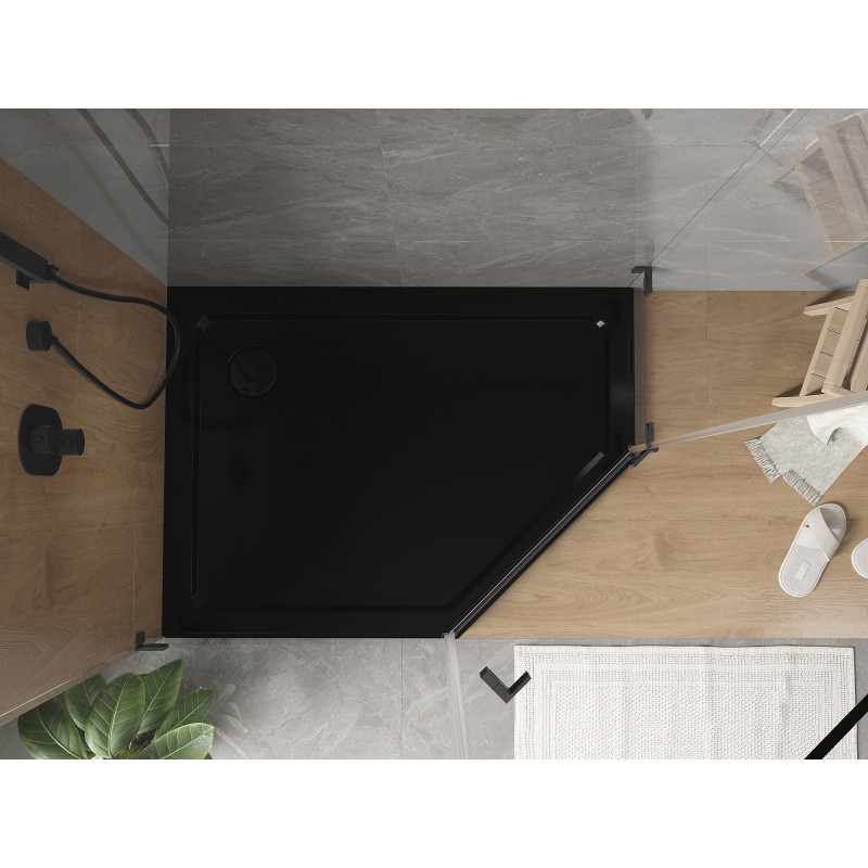 Mexen Flat Fünfeckige Duschwanne Slim Links 100 x 80 cm, schwarz, schwarzer Siphon - 41P708010L-B