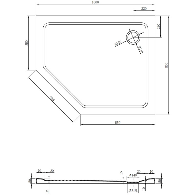 Mexen Flat Fünfeckige Duschwanne Slim Rechts 100 x 80 cm, Schwarz, Siphon Schwarz - 41P708010R-B