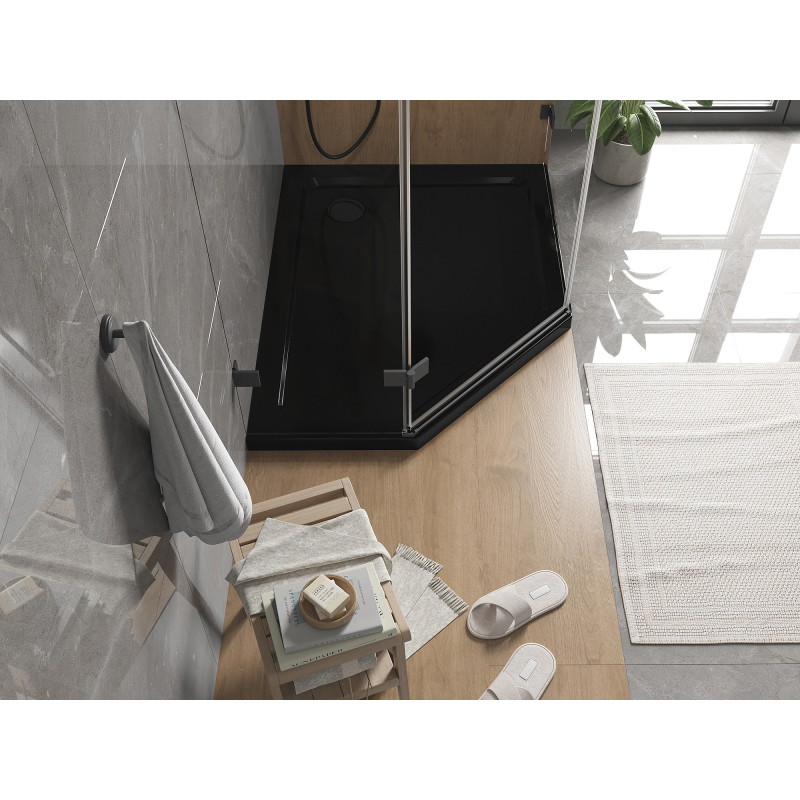 Mexen Flat Fünfeckige Duschwanne Slim Rechts 100 x 80 cm, Schwarz, Siphon Schwarz - 41P708010R-B