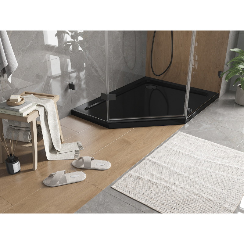 Mexen Flat Fünfeckige Duschwanne Slim Rechts 100 x 80 cm, Schwarz, Siphon Schwarz - 41P708010R-B