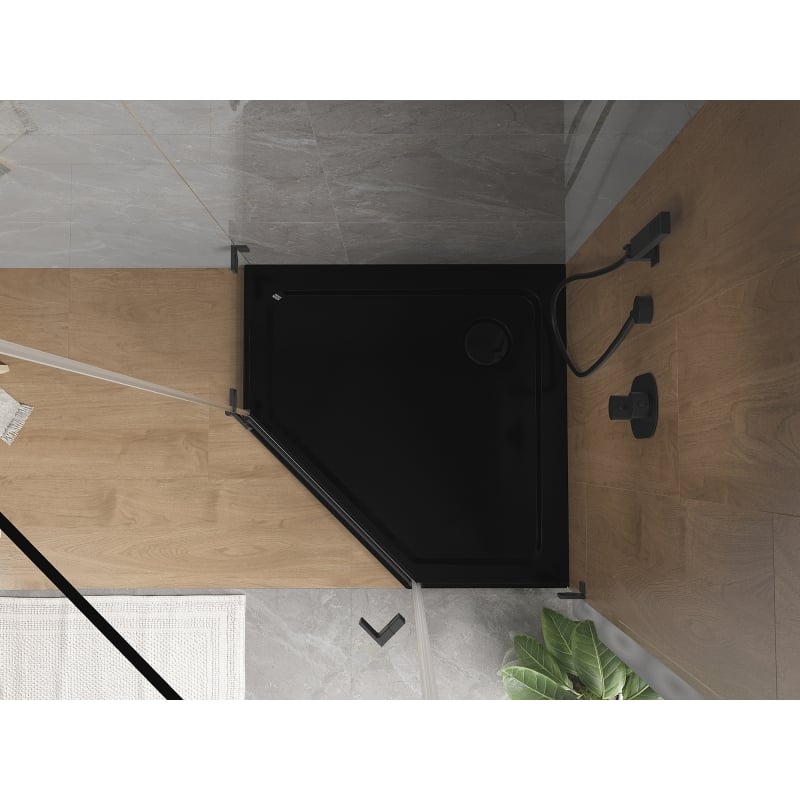 Mexen Flat fünfeckige Slim-Duschwanne 90 x 90 cm, schwarz, schwarzer Siphon - 41P709090-B