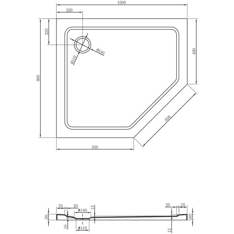 Mexen Flat Fünfeck-Duschwanne Slim Links 100 x 90 cm, schwarz, schwarzer Siphon - 41P709010L-B