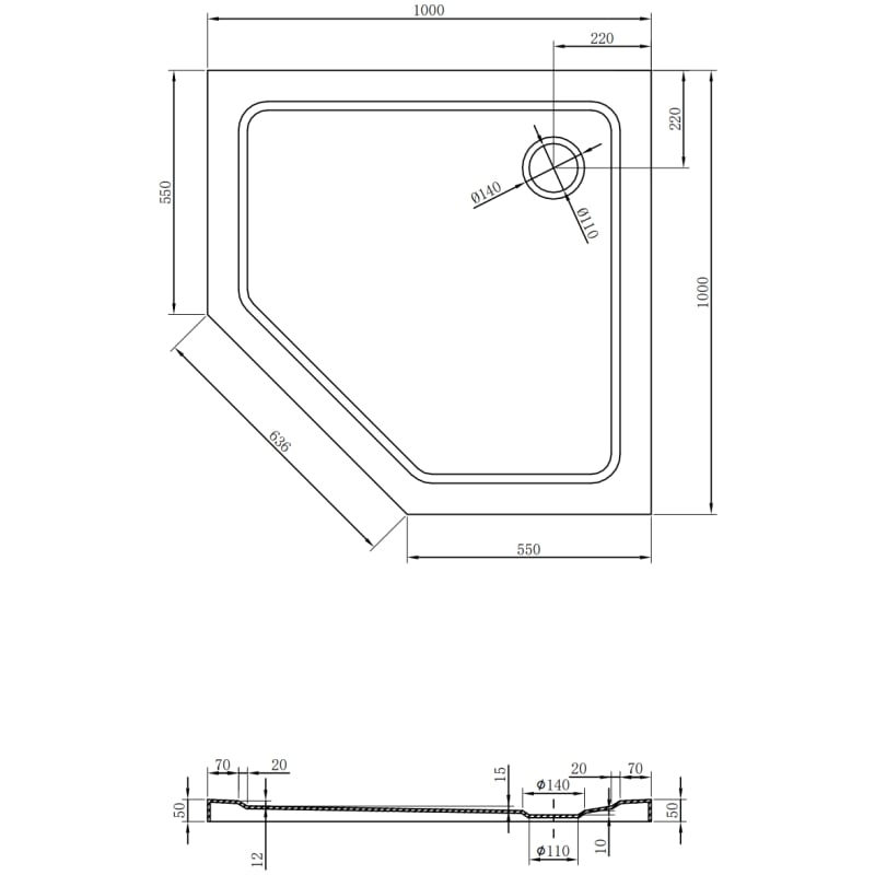 Mexen Flat Fünfeckige Slim-Duschwanne 100 x 100 cm, schwarz, schwarzer Siphon - 41P701010-B