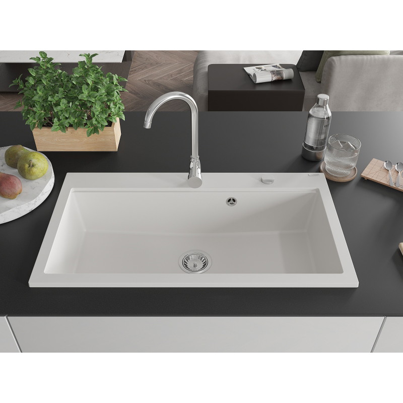 Mexen Slido Granitspüle 1-Becken 900 x 500 mm, weiß, Siphon Chrom - 6528901005-20
