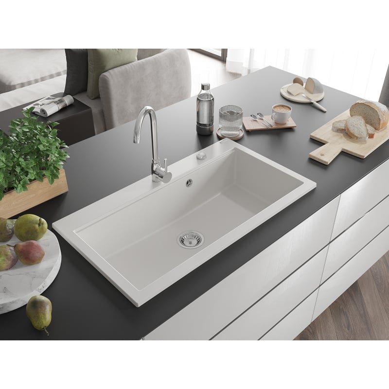 Mexen Slido Granitspüle 1-Becken 900 x 500 mm, weiß, Siphon Chrom - 6528901005-20