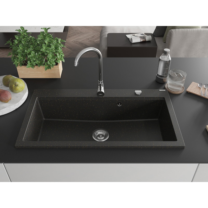 Mexen Slido Granitspüle 1-Becken 900 x 500 mm, schwarz/gold metallic, Siphon Chrom - 6528901005-75