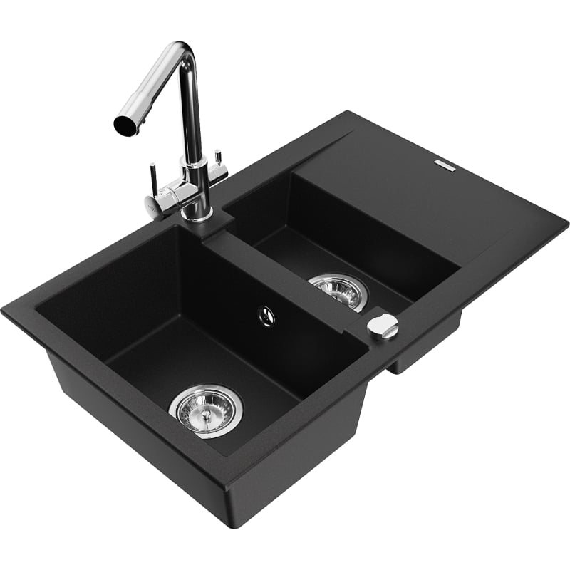 Mexen Gaspar Granitspüle 1,5 Kammern mit Abtropffläche und Küchenarmatur Duero, schwarz - 6507-77-671600-00