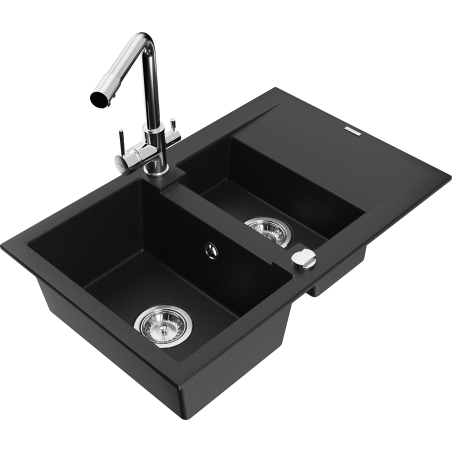 Mexen Gaspar Granitspüle 1,5-Becken mit Abtropffläche und Küchenarmatur Duero, schwarz - 6507-77-671600-00