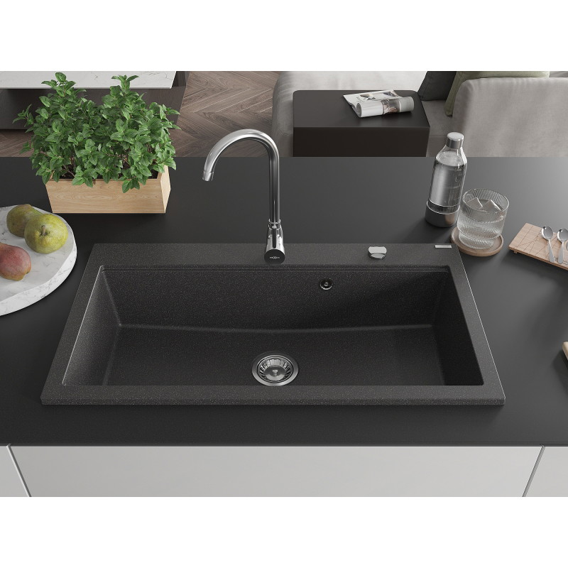 Mexen Slido Granitspüle 1-Becken 900 x 500 mm, schwarz gefleckt, Siphon Chrom - 6528901005-75 - 6528901005-76