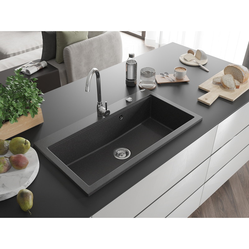 Mexen Slido Granitspüle 1-Becken 900 x 500 mm, schwarz gefleckt, Siphon Chrom - 6528901005-75 - 6528901005-76