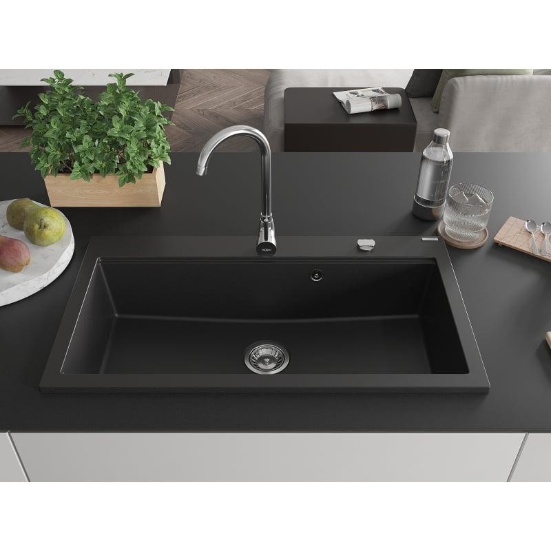 Mexen Slido Einbauwaschbecken aus Granit, 1-beckig, 900 x 500 mm, schwarz, Siphon chrom - 6528901005-77