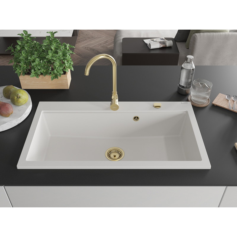 Mexen Slido Granitspüle 1-beckig 900 x 500 mm, weiß, goldener Siphon - 6528901005-20-G