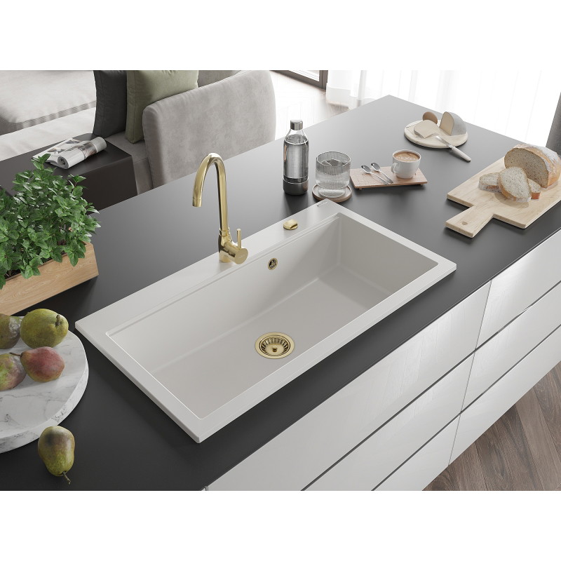 Mexen Slido Granitspüle 1-beckig 900 x 500 mm, weiß, goldener Siphon - 6528901005-20-G