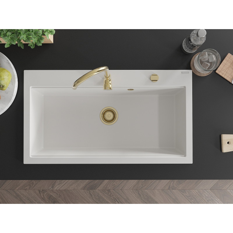Mexen Slido Granitspüle 1-beckig 900 x 500 mm, weiß, goldener Siphon - 6528901005-20-G