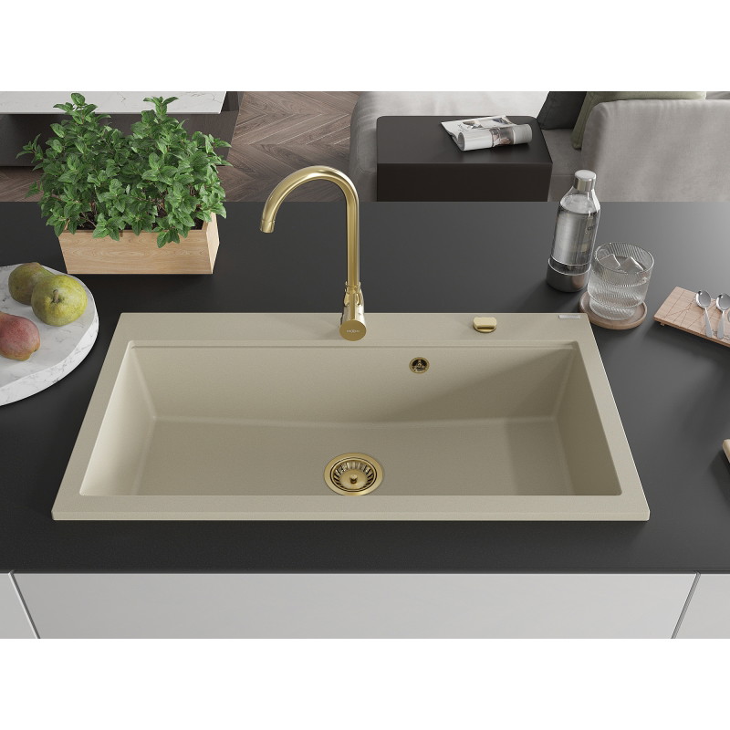 Mexen Slido Granitspüle 1-beckig 900 x 500 mm, beige, goldener Siphon - 6528901005-69-G