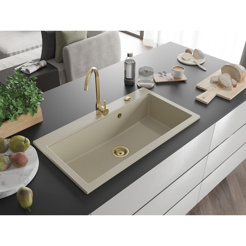 Mexen Slido Granitspüle 1-beckig 900 x 500 mm, beige, goldener Siphon - 6528901005-69-G