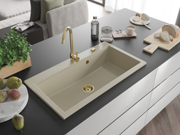 Mexen Slido Granitspüle 1-beckig 900 x 500 mm, beige, goldener Siphon - 6528901005-69-G