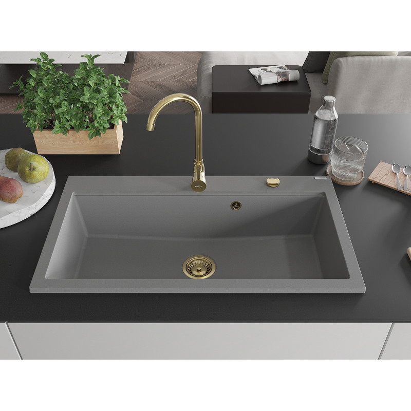 Mexen Slido Granitspüle 1-Becken 900 x 500 mm, grau, Siphon gold - 6528901005-71-G