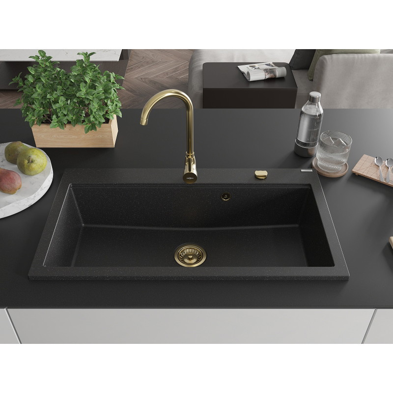 Mexen Slido Granitspüle 1-beckig 900 x 500 mm, schwarz/silber metallic, goldener Siphon - 6528901005-73-G