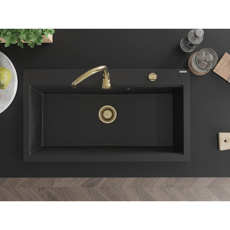 Mexen Slido Granitspüle 1-beckig 900 x 500 mm, schwarz/silber metallic, goldener Siphon - 6528901005-73-G