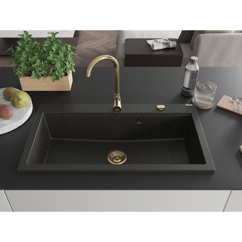 Mexen Slido Granitspüle 1-beckig 900 x 500 mm, schwarz/gold metallic, goldener Siphon - 6528901005-75-G
