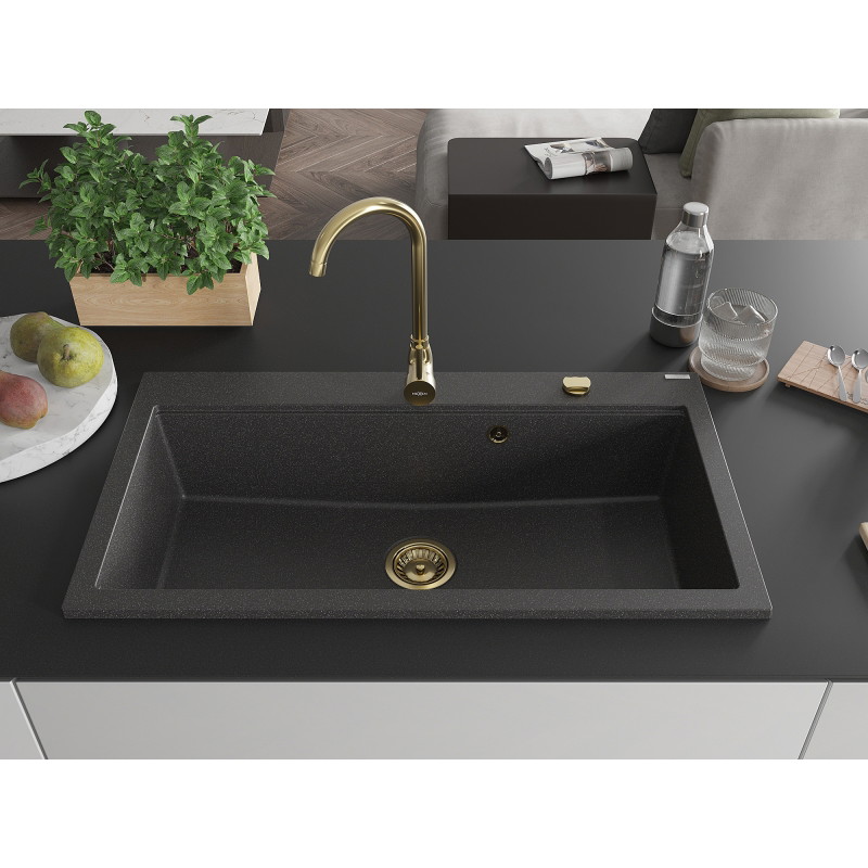 Mexen Slido Granitspüle 1-beckig 900 x 500 mm, schwarz gesprenkelt, Siphon gold - 6528901005-76-G