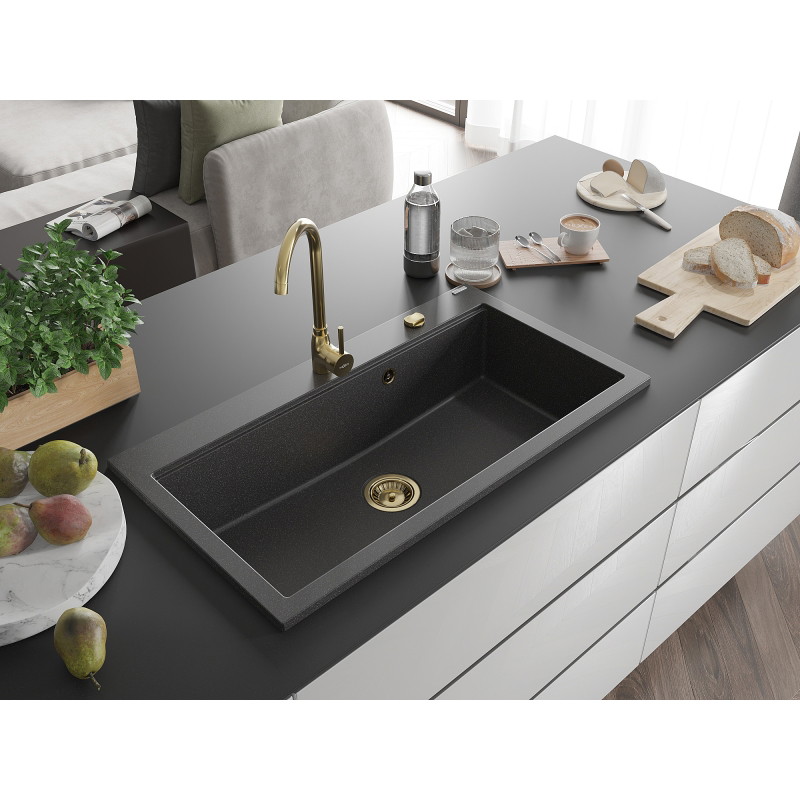 Mexen Slido Granitspüle 1-beckig 900 x 500 mm, schwarz gesprenkelt, Siphon gold - 6528901005-76-G