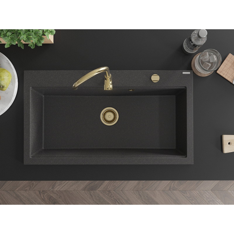 Mexen Slido Granitspüle 1-beckig 900 x 500 mm, schwarz gesprenkelt, Siphon gold - 6528901005-76-G