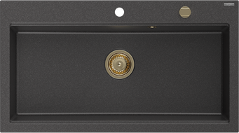 Mexen Slido Granitspüle mit 1 Becken, 900 x 500 mm, schwarz gesprenkelt, goldener Siphon - 6528901005-76-G