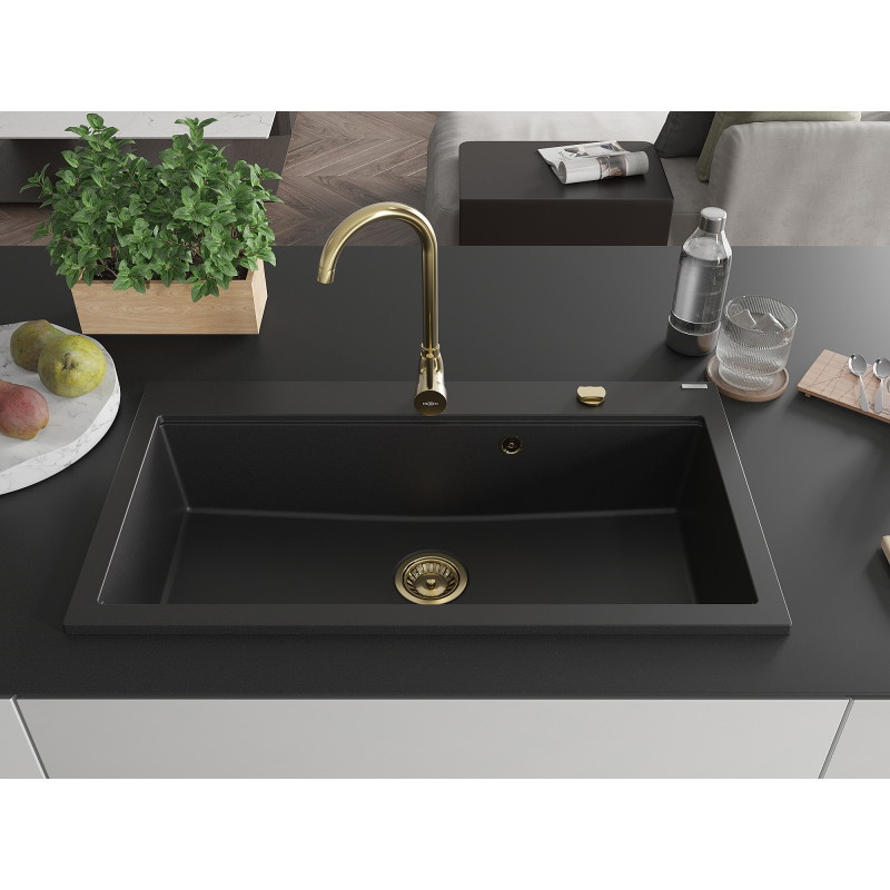 Mexen Slido Granitspüle 1-Becken 900 x 500 mm, schwarz, Siphon gold - 6528901005-77-G