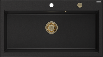 Mexen Slido Granitspüle mit 1 Becken, 900 x 500 mm, schwarz, goldener Siphon - 6528901005-77-G